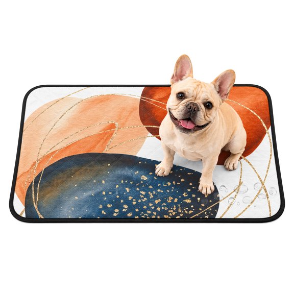 Orange Blue Round Washable Pee Pads for Dogs, Modern Abstract Geometric Burnt Orange Navy Blue Gold Round Reusable Puppy Pads Waterproof Pet Mat, Absorbent Dog Pee Pads for Crate Training 24"x18"