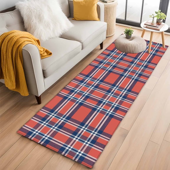 Orange Blue Runner Rug 2x6 FT,Non Slip Hallway Rugs,British Style Buffalo Plaid Lattice Washable Soft Floor Carpet Non-Shedding Throw Runner Carpet Long Rug for Entryway Kitchen Bedside Sliding Door