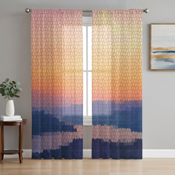 Orange Blue Scenic Sheer Curtains 63 Inches Long, Sunset Lake Mountain Light Filtering Window Curtains for Living Room/Bedroom, Rod Pocket Voile Sheer Curtain Drapes, 52"W x 63"L, 2 Panels