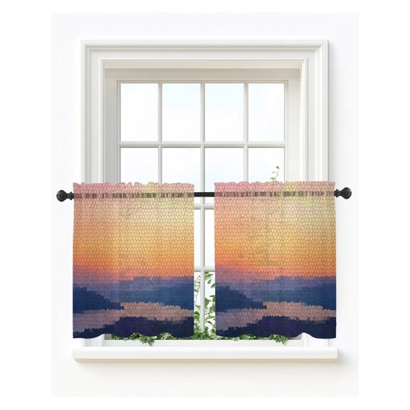 Orange Blue Scenic Tier Curtains 24 Inch Length, Sheer Curtains for Bedroom Living Room Window Sunset Lake Mountain Rod Pocket Voile Drapes Kitchen Curtains Small Half Window 27.5"x24" 2 Panels