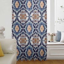 Orange Blue Semi Sheer Curtains Drapes for Living Room, Bedroom, French Doors Window 96 Inches Long, Morocco Boho Abstract Floral Ethnic Tribal Rod Pocket Chiffon Curtain Drapery Voile Drape Panel