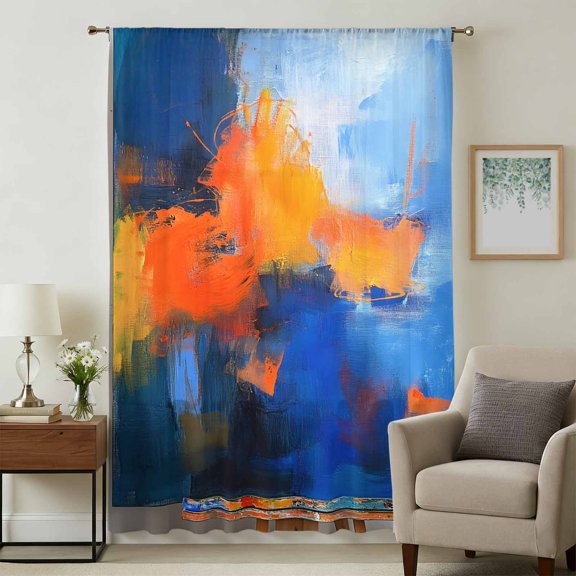 Orange Blue Sheer Curtains 108 Inches Extra Long, Geometric Oil Painting Modern Abstract Light Filering Curtains, Privacy Drapes Simi Floor to Veiling Curtain for Living Room Bedroom Window Treatment