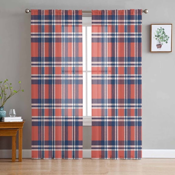 Orange Blue Sheer Curtains 72 Inches Long 2 Panels Set, Window Sheer Curtains for Living Room/Bedroom, British Style Buffalo Plaid Lattice Light Filtering Rod Pocket Curtain 52'' x 72'' x 2