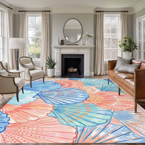 Orange Blue Shell Area Rugs 8'x10', Washable Small Throw Rugs for Living Room Patio, Coastal Summer Beach Ocean Conch Indoor Outdoor Rug Non-Slip Low Pile Carpet Runner Reversible Floor Mats