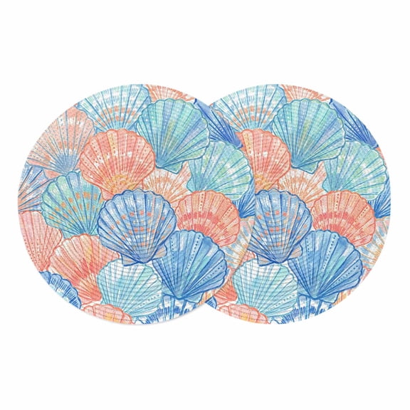 Orange Blue Shell Round 13 Inch Placemats Set of 2, Coastal Summer Beach Ocean Conch HeatResistant Non Slip Place Mats for Dining Table, Wipeable Braided Kitchen Table Mats for Housewarming