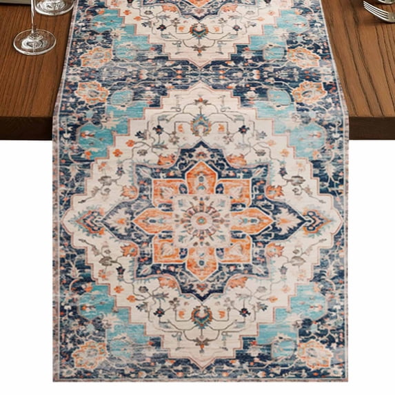 Orange Blue Short Table Runner 36 Inches Long,Boho Geometric Middle Century Abstract Western Cotton Linen Table Runners Dresser Scarves,Tabletop Scarf Furniture Cover for Home Dinner Party 13"x36"