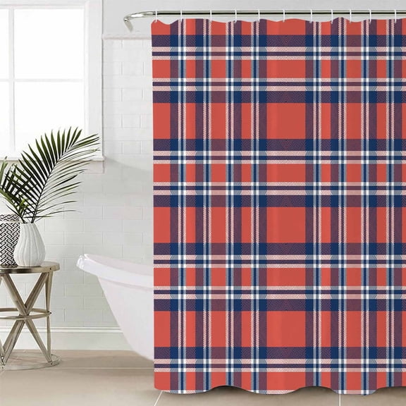 Orange Blue Shower Curtain Set, Waterproof Shower Curtains for Bathroom, British Style Buffalo Plaid Lattice Washable Fabric Cloth Bath Curtain for Bathtub Decoration with Hooks 72x78 Inches