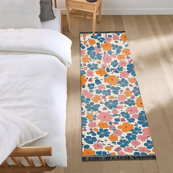 Orange Blue Small Florals Bedroom Runner Rug 2'x 6' Non Slip Carpet Indoor Home Area Rug Living Room