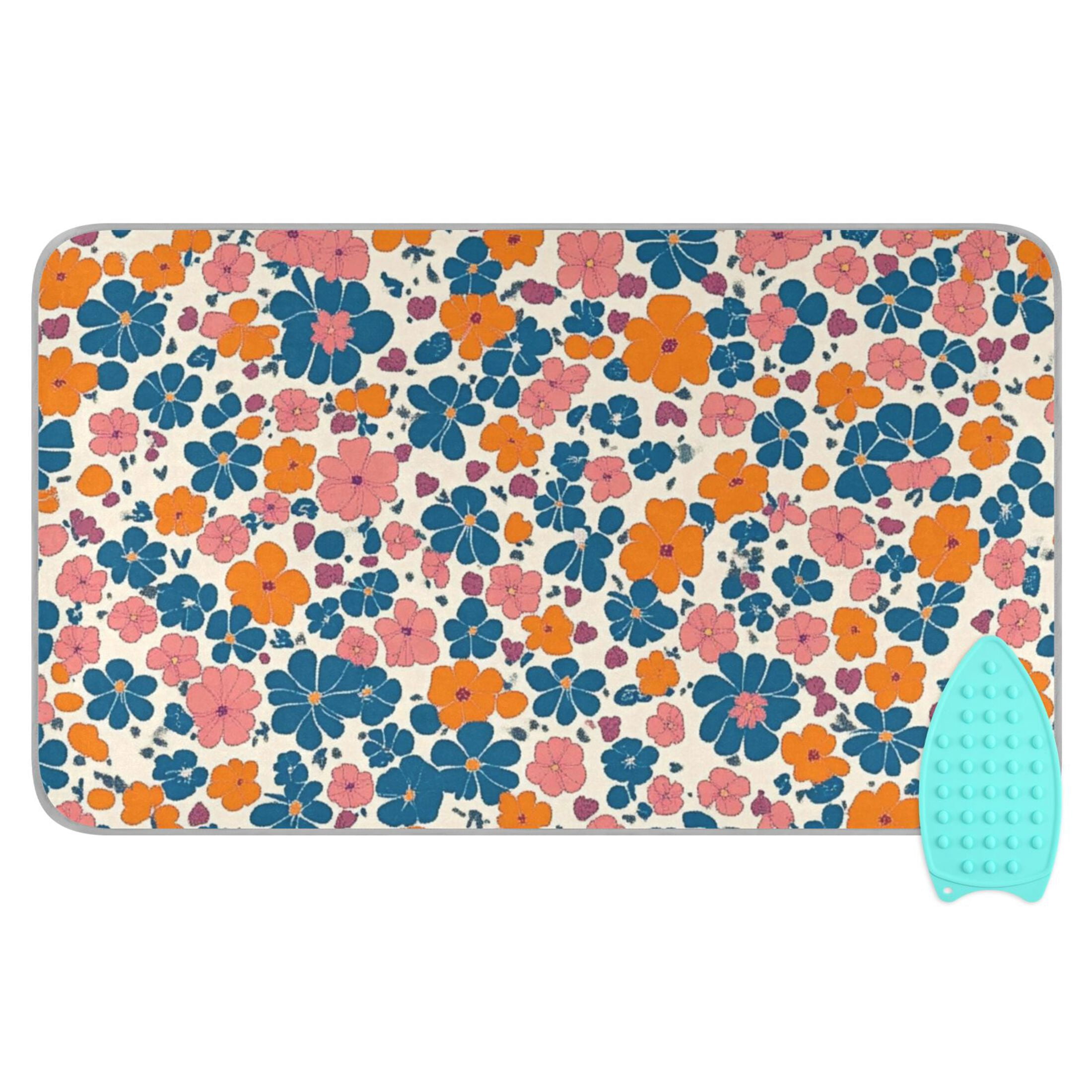 Orange Blue Small Florals Ironing Mat Blanket for Table Top Travel Portable Ironing Board Pad 47.2x27.6 Inch