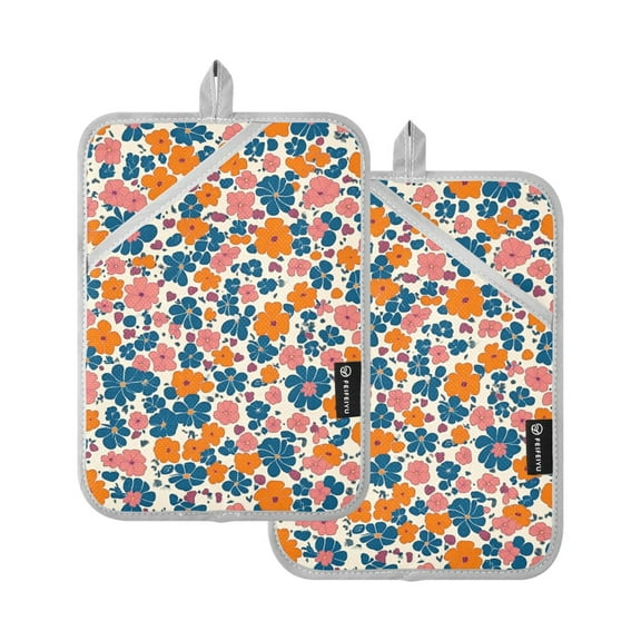 Orange Blue Small Florals Oven Mitts Pot Holders 2 pcs Heat Resistant for Kitchen Baking Grilling