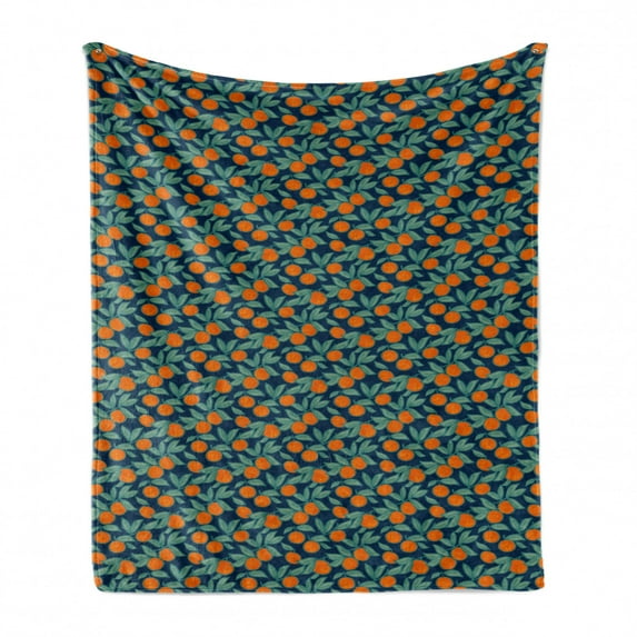 Orange Blue Soft Flannel Fleece Throw Blanket, Citrus Branches and Leaves, Cozy Plush for Indoor and Outdoor Use, 50" x 60", Dark Teal Burnt Orange, by Ambesonne