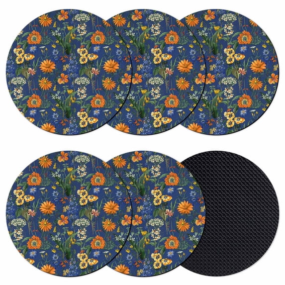 Orange Blue Spring Floral Coasters Set of 6, Absorbent Coasters for Drinks, Vintage Botanical Summer Flower Coaster for Desk Coffee Table Protection, Home Decor House Warming Gifts 4"
