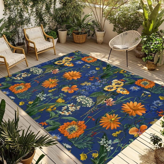 Orange Blue Spring Floral Outdoor Rug for Patio/Deck/Porch, Non-Slip Large Area Rug 4 x 6 Ft, Vintage Botanical Summer Flower Indoor Outdoor Rugs Washable Area Rugs, Camping Rug Carpet Runner