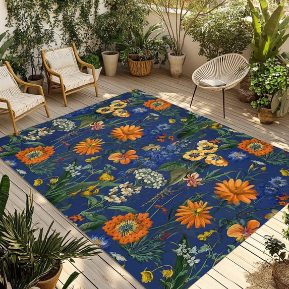 Orange Blue Spring Floral Outdoor Rug for Patio/Deck/Porch, Non-Slip Large Area Rug 5 x 8 Ft, Vintage Botanical Summer Flower Indoor Outdoor Rugs Washable Area Rugs, Camping Rug Carpet Runner