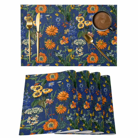 Orange Blue Spring Floral Placemats Set of 6, Vintage Botanical Summer Flower Placemats for Dining Table, Place Mats for Kitchen Tabletop, Waterproof Wipeable Dining Table Mats Set