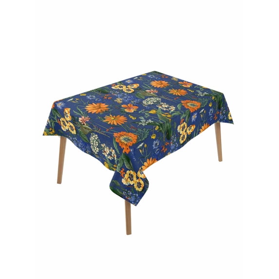 Orange Blue Spring Floral Table Cloth, Waterproof Tablecloth for Rectangle Tables, Vintage Botanical Summer Flower Reusable Washable Fabric Table Cover for Restaurant Kitchen Dining Tables 60"x84"