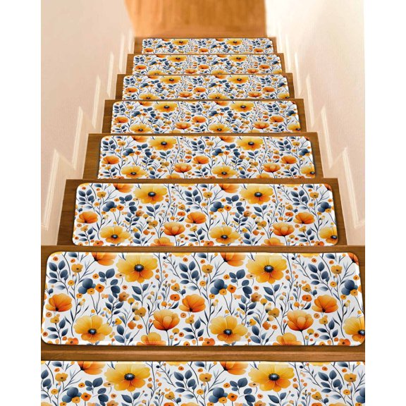 Orange Blue Spring Stair Treads for Wooden Steps Indoor Runner Rug Carpet, Summer Flower Botanical 4 Pieces Peel and Stick Staircase Step Treads Covers Washable Throw Door Mats, 30"x8"