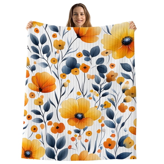 Orange Blue Spring Throw Blanket, Flannel Fleece Blanket with Striped Design for Couch, Summer Flower Botanical Soft Breathable All Season Plush Blankets for Sofa Office Chair 30"x40"