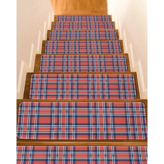 Orange Blue Stair Treads for Wooden Steps Indoor Runner Rug Carpet, British Style Buffalo Plaid Lattice 4 Pieces Peel and Stick Staircase Step Treads Covers Washable Throw Door Mats, 30"x8"