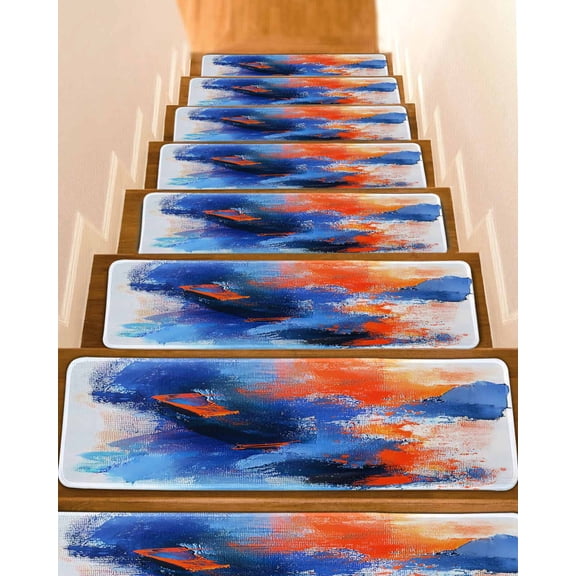 Orange Blue Stair Treads for Wooden Steps Indoor Runner Rug Carpet, Modern Abstract Oil Painted Aesthetics 4 Pieces Peel and Stick Staircase Step Treads Covers Washable Throw Door Mats, 30"x8"