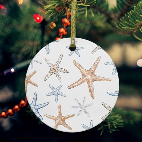 Orange Blue Starfish Ceramic Ornaments, Summer Beach Coastal Ocean Round Porcelain Hanging Ornaments with Gold String, Xmas Decorations Keepsake Gifts for Holiday Home Party 3''