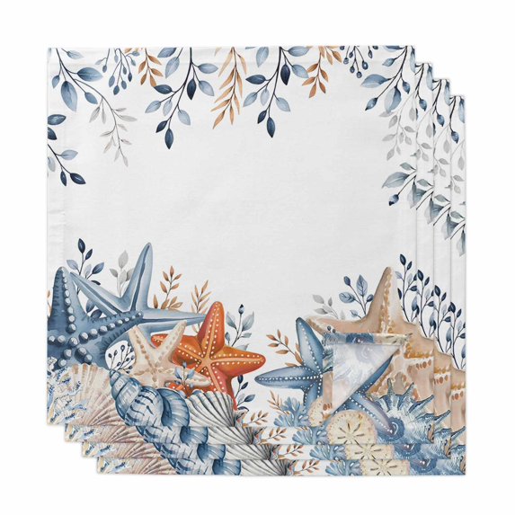 Orange Blue Starfish Coastal Cloth Napkins, Nautical Beach Eucalyptus Washable and Reusable Dinner Napkins Set of 4, Table Napkin for Kitchen Party Birthday Wedding Hotel Housewarming 20"x20"