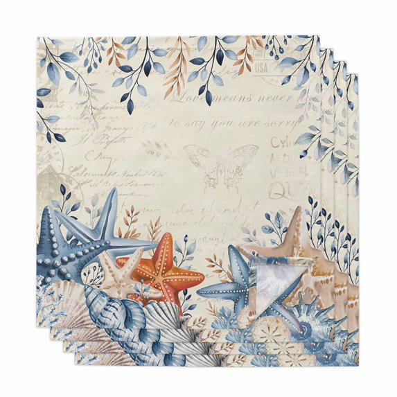 Orange Blue Starfish Coastal Cloth Napkins, Summer Beach Eucalyptus Rustic Washable and Reusable Dinner Napkins Set of 4, Table Napkin for Kitchen Party Birthday Wedding Hotel Housewarming 20"x20"