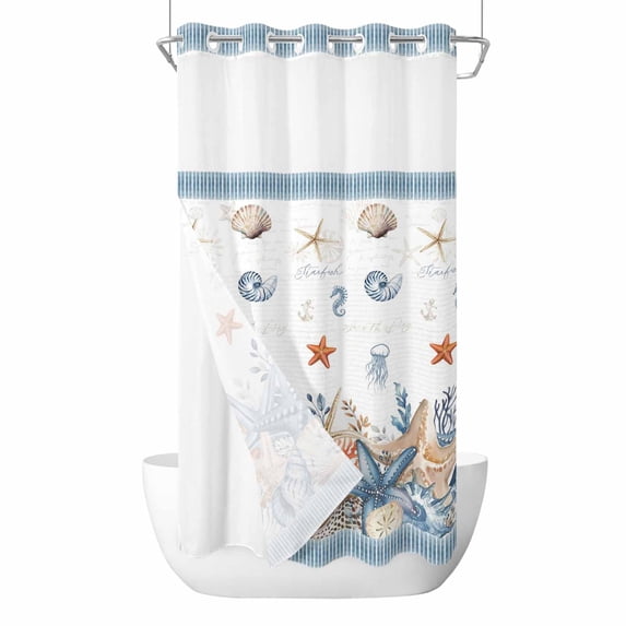 Orange Blue Starfish Coastal No Hook Shower Curtain with Snap in Liner, Waterproof Fabric Shower Curtains, Summer Beach Coral Shell Nautical Shower Curtain Set Top See Through for Bathroom 36"x78"