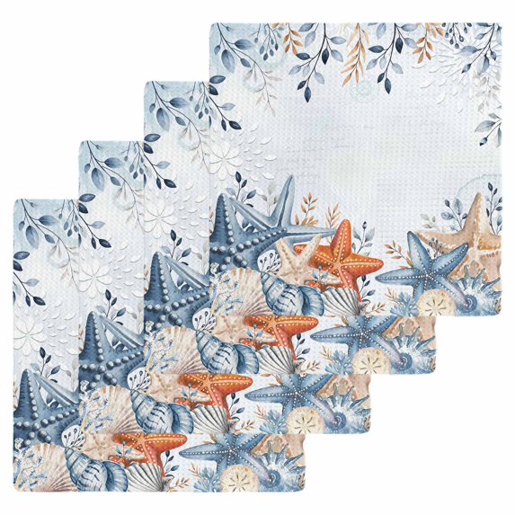 Orange Blue Starfish Coastal Kitchen Dish Towels for Drying Dishes Set of 4, Summer Beach Eucalyptus Waffle Weave Microfiber Hand Tea Bathroom Towels Quick Dry & Absorbent Towel 12x12