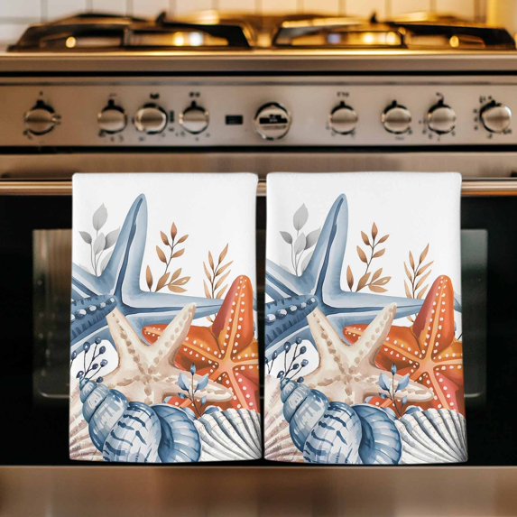 Orange Blue Starfish Coastal Kitchen Towels Set of 3, Nautical Beach Eucalyptus Absorbent Dish Towels for Kitchen, Microfiber Hand Towel, Quick Drying Tea Towel for Cleaning Decorative Dishcloths