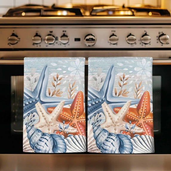 Orange Blue Starfish Coastal Kitchen Towels Set of 4, Summer Beach Eucalyptus Vintage Absorbent Dish Towels for Kitchen, Microfiber Hand Towel, Quick Drying Tea Towel for Cleaning Dishcloths