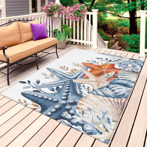 Orange Blue Starfish Coastal Outdoor Rug 3x5 Ft, Non Slip Washable Area Rug, Nautical Beach Eucalyptus Patio Rugs Carpet Runner, Large Floor Mat for Indoor/Outdoor Deck Porch Camping