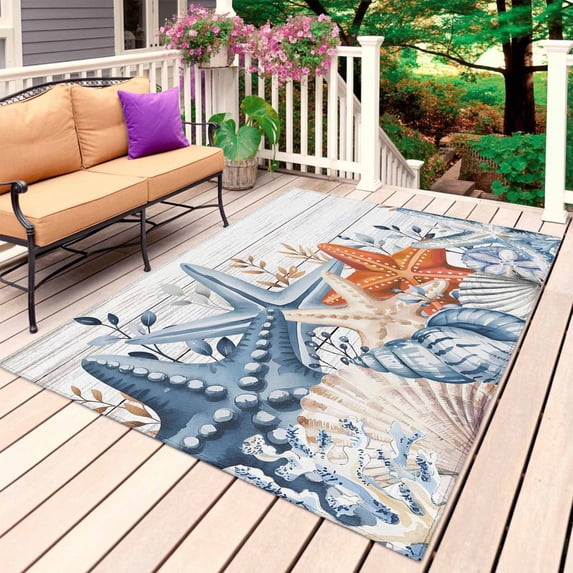Orange Blue Starfish Coastal Outdoor Rug 4x6 Ft, Non Slip Washable Area Rug, Summer Beach Eucalyptus Retro Patio Rugs Carpet Runner, Large Floor Mat for Indoor/Outdoor Deck Porch Camping