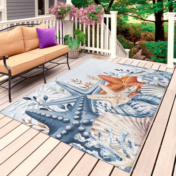 Orange Blue Starfish Coastal Outdoor Rug 5x7 Ft, Non Slip Washable Area Rug, Summer Beach Eucalyptus Patio Rugs Carpet Runner, Large Floor Mat for Indoor/Outdoor Deck Porch Camping