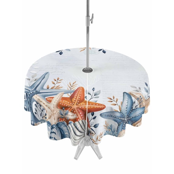Orange Blue Starfish Coastal Outdoor Tablecloth - 54 Inch Round Dining Table Cover, Summer Beach Eucalyptus Waterproof Outdoor Table Cloth with Umbrella Hole & Zipper for Picnic/Patio/Party