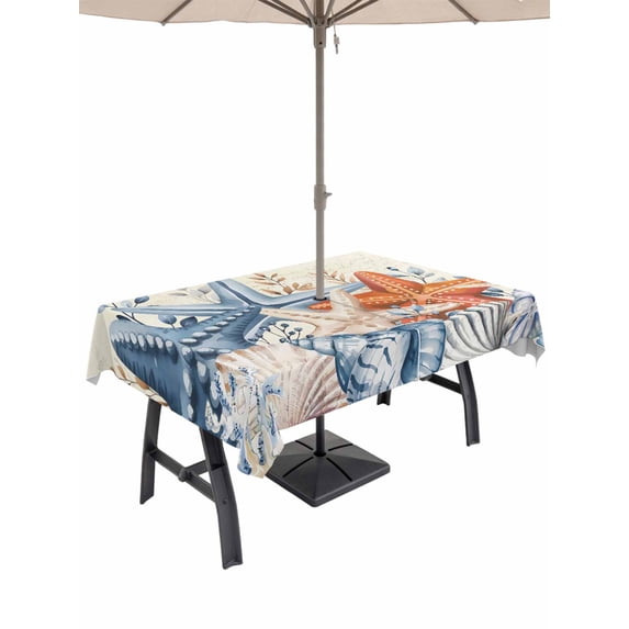 Orange Blue Starfish Coastal Outdoor Tablecloth - 54x80 Inch Rectangle Dining Table Cover, Summer Beach Eucalyptus Rustic Waterproof Outdoor Table Cloth with Umbrella Hole & Zipper for Picnic/Patio