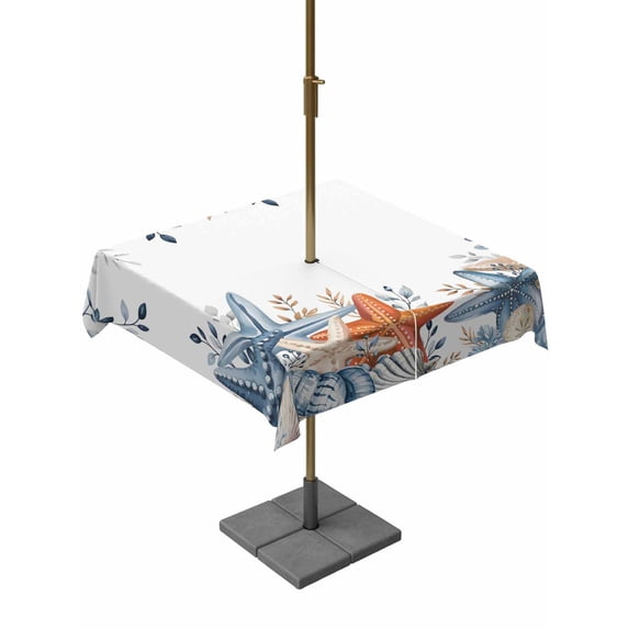 Orange Blue Starfish Coastal Outdoor Tablecloth - 60x60 Inch Square Dining Table Cover, Nautical Beach Eucalyptus Waterproof Outdoor Table Cloth with Umbrella Hole & Zipper for Picnic/Patio/Party