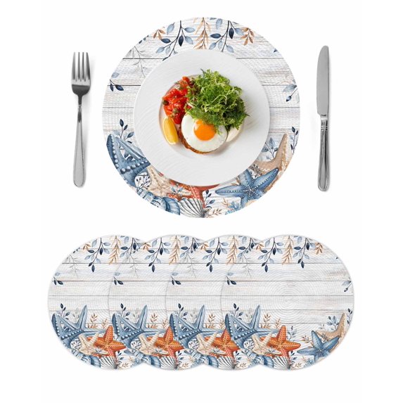Orange Blue Starfish Coastal Round 15 Inch Placemats Set of 4, Summer Beach Eucalyptus Retro HeatResistant Non Slip Place Mats for Dining Table, Wipeable Braided Kitchen Table Mats for Housewarming