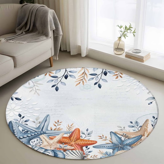 Orange Blue Starfish Coastal Round Area Rug 3.3Ft Washable Circle Rugs for Dining Room Table, Summer Beach Eucalyptus Non-Slip Carpet Floor Mats Indoor Outdoor Carpet Runner Aesthetic Home Decor