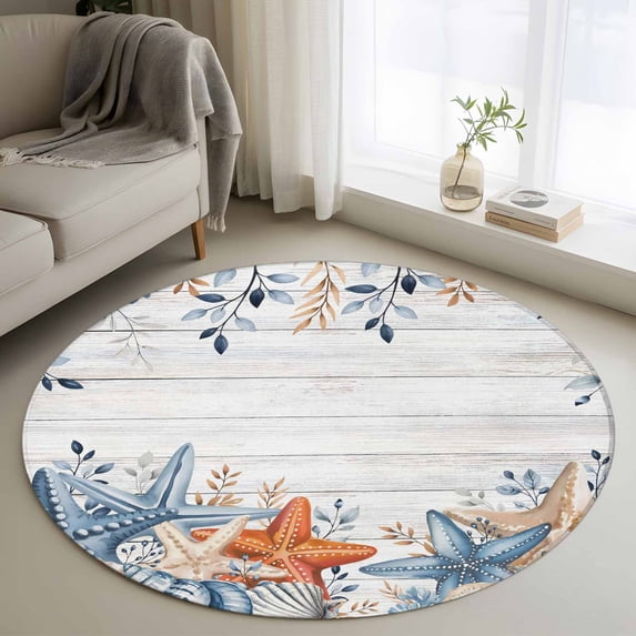Orange Blue Starfish Coastal Round Area Rug 3.3Ft Washable Circle Rugs for Dining Room Table, Summer Beach Eucalyptus Retro Non-Slip Carpet Floor Mats Indoor Outdoor Carpet Runner Home Decor