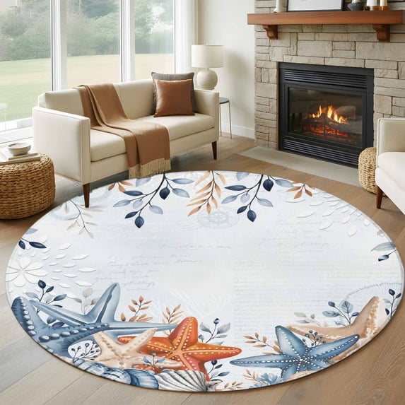Orange Blue Starfish Coastal Round Area Rug 8Ft Washable Large Circle Rugs for Living Room Dorm, Summer Beach Eucalyptus Non-Slip Carpet Floor Mats Indoor Outdoor Carpet Runner Aesthetic Home Decor