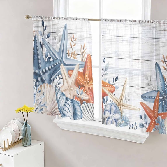 Orange Blue Starfish Coastal Sheer Curtains 54 Inch Length 2 Panels Set Window Treatments, Summer Beach Eucalyptus Retro Rod Pocket Semi Curtains for Living Room/Bedroom/Kitchen Décor, 104"W x 54"L