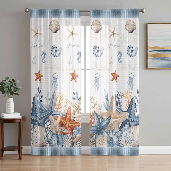 Orange Blue Starfish Coastal Sheer Curtains 72 Inch Length 2 Panels Set, Summer Beach Coral Shell Nautical Voile Window Treatment Curtains Sheers Drapes for Bedroom/Living Room/Kitchen 52"x72"x2