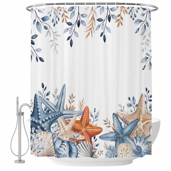 Orange Blue Starfish Coastal Shower Curtain, Waterproof Shower Curtains for Bathroom, Nautical Beach Eucalyptus Washable Fabric Bathtub Curtain Set Bath Decor with 12 Hooks Extra Long 72"x96"