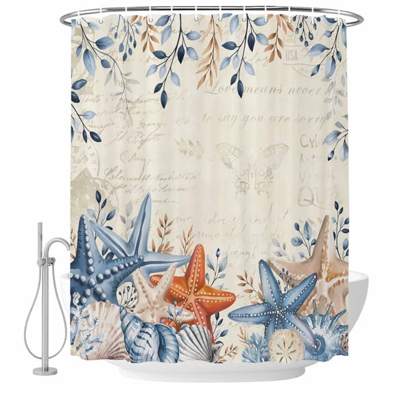 Orange Blue Starfish Coastal Shower Curtain, Waterproof Shower Curtains for Bathroom, Summer Beach Eucalyptus Rustic Washable Fabric Bathtub Curtain Set Bath Decor with 12 Hooks 72"x78"