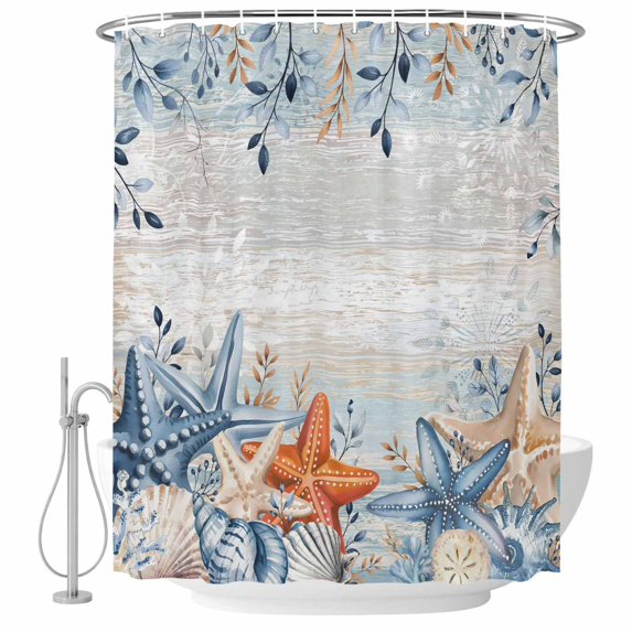 Orange Blue Starfish Coastal Shower Curtain, Waterproof Shower Curtains for Bathroom, Summer Beach Eucalyptus Vintage Washable Fabric Bathtub Curtain Set Bath Decor with 12 Hooks Standard 72"x72"