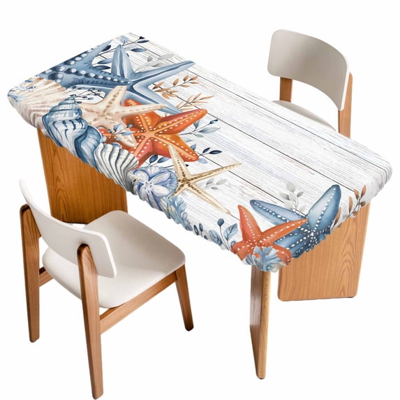 Orange Blue Starfish Coastal Table Cloths for 4 Foot Rectangle Tables, Summer Beach Eucalyptus Retro Patio Waterproof Elastic Fitted Tablecloths, Washable Rectangular Table Cover for Camping