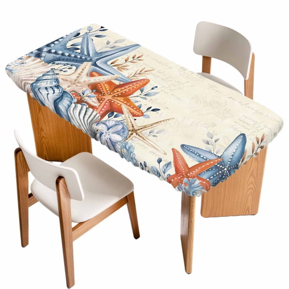 Orange Blue Starfish Coastal Table Cloths for 5 Foot Rectangle Tables, Summer Beach Eucalyptus Rustic Patio Waterproof Elastic Fitted Tablecloths, Washable Rectangular Table Cover for Camping