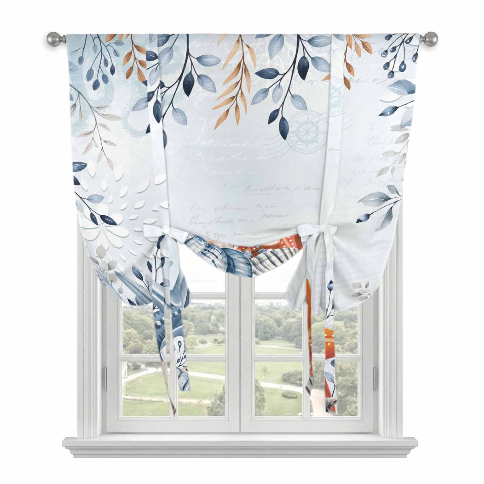 Orange Blue Starfish Coastal Tie Up Curtains For Windows Adjustable 