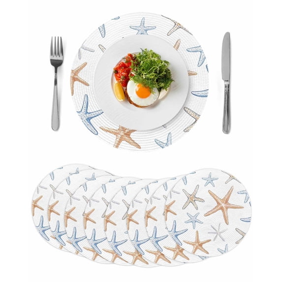 Orange Blue Starfish Round Placemats Set of 8 for Dinning Tables,Heat-proof Braided Table Mats 13 Inch,Summer Beach Coastal Ocean Washable Place Mat for Kitchen Restaurant Party Decor Table Setting